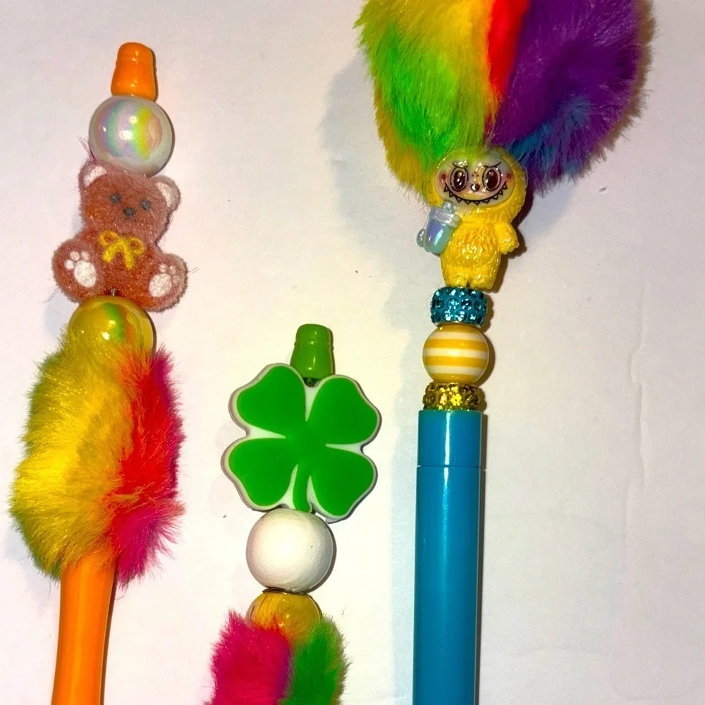 💋🆕💋Lafufu Clover and Bear Rainbow Plush Top DIY Pen Set Of 3